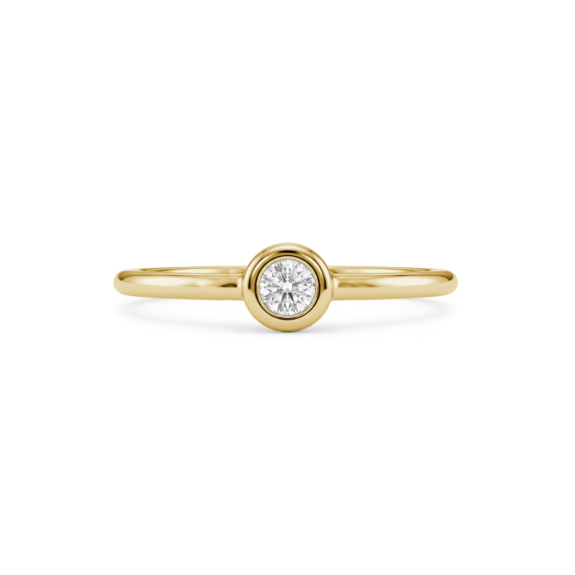 Front view of gold tone bezel set solitaire women’s ring featuring a centered 3mm cubic zirconia