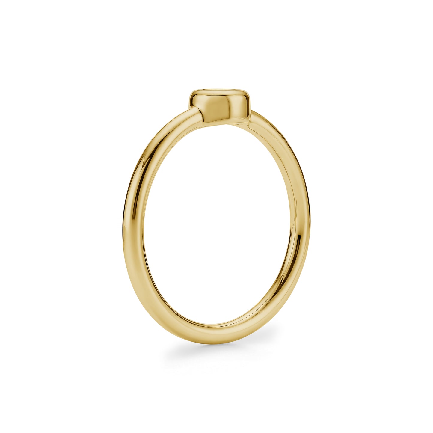 Side profile of gold tone bezel set solitaire ring showing smooth band and raised bezel