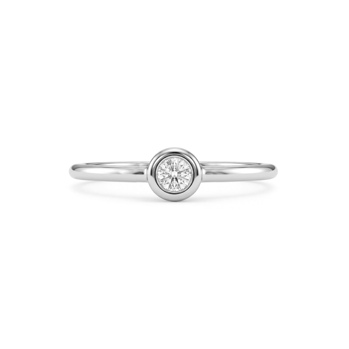 Front view of silver tone bezel set solitaire women’s ring featuring a centered 3mm cubic zirconia