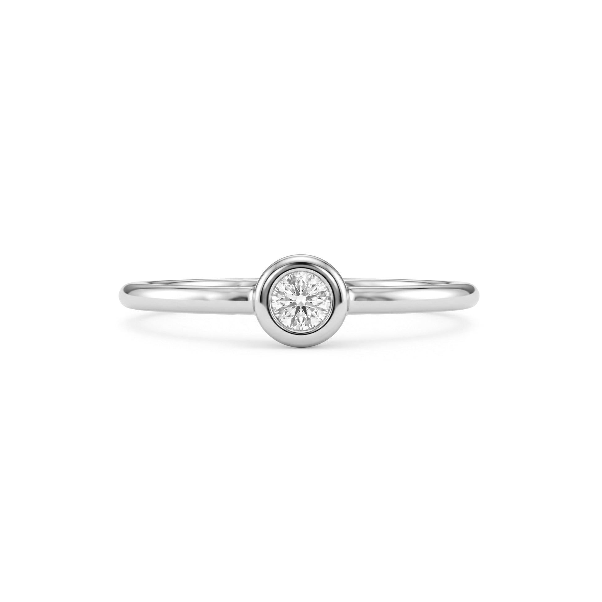 Front view of silver tone bezel set solitaire women’s ring featuring a centered 3mm cubic zirconia