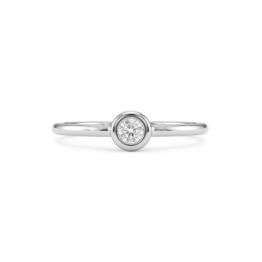 Front view of silver tone bezel set solitaire women’s ring featuring a centered 3mm cubic zirconia