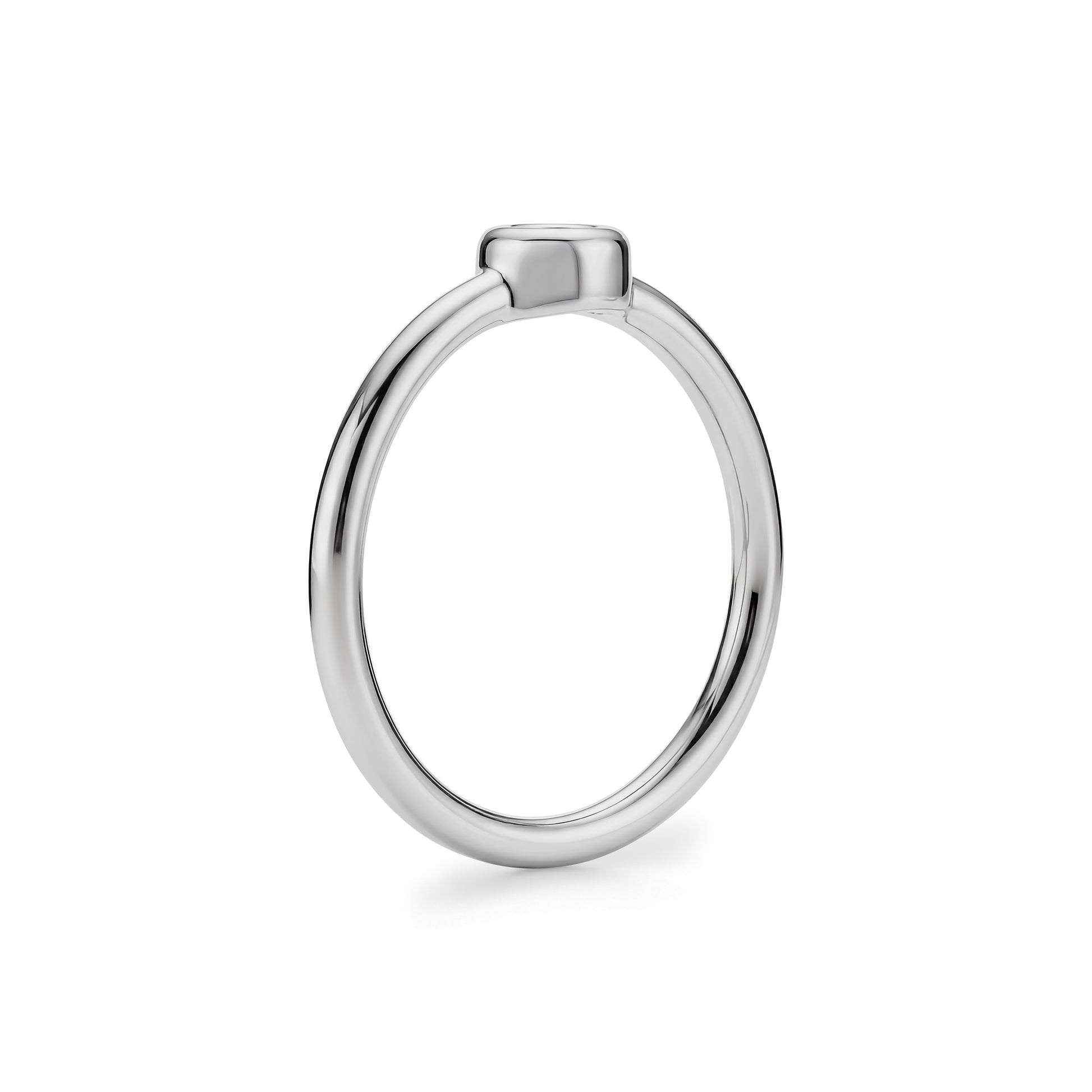Side profile of silver tone bezel set solitaire ring showing smooth band and raised bezel