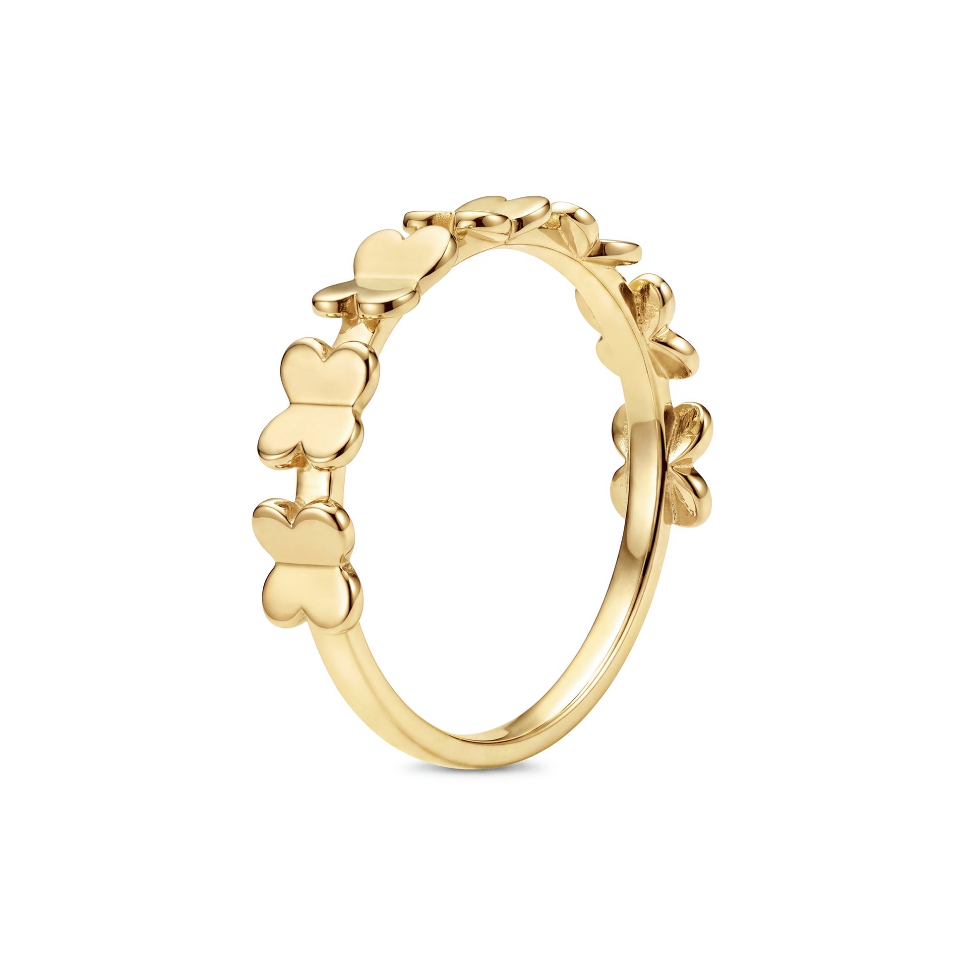 Gold stainless steel butterfly semi eternity ring, straight-on view of the butterfly band