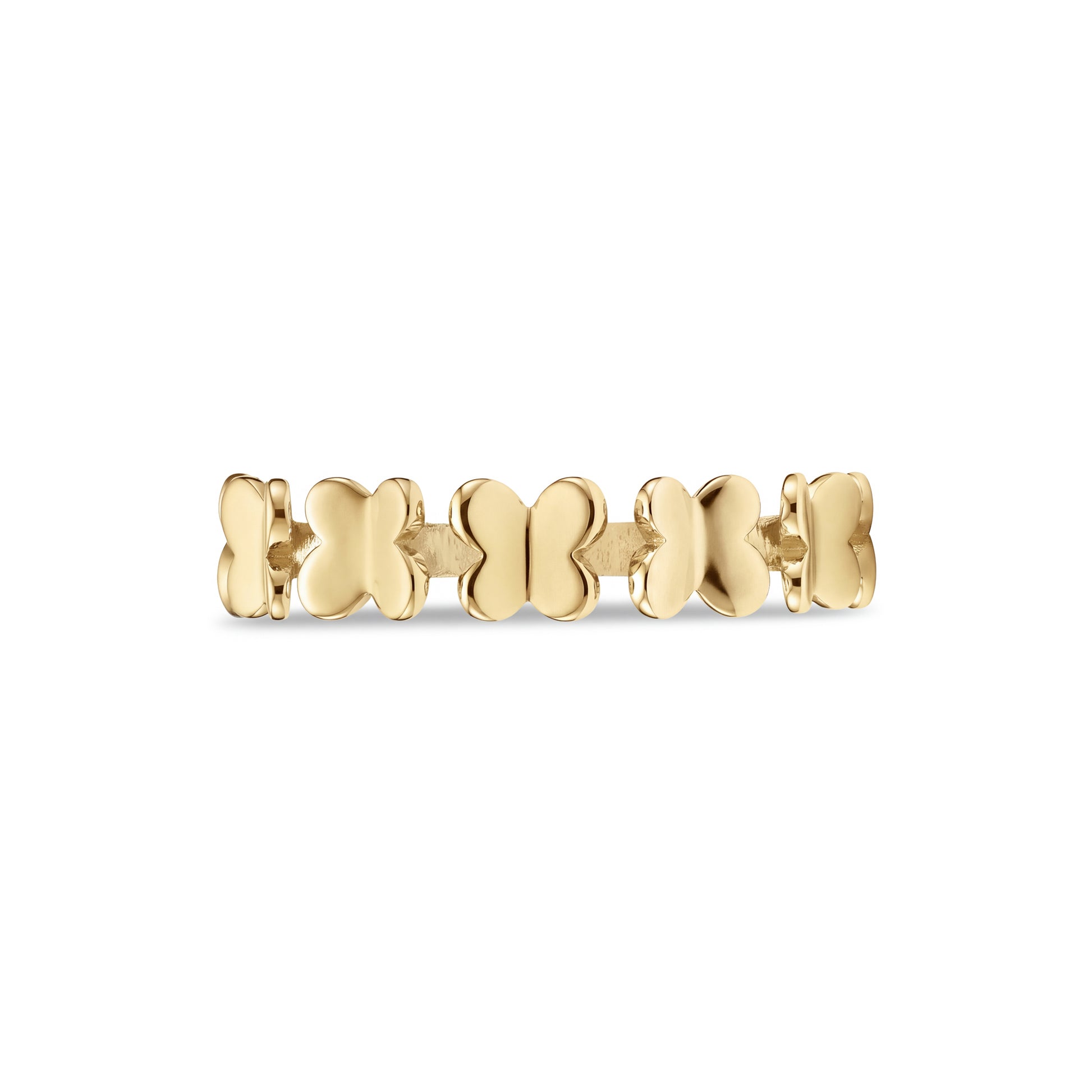 Close-up of gold stainless steel butterfly semi eternity ring highlighting the polished butterfly detail