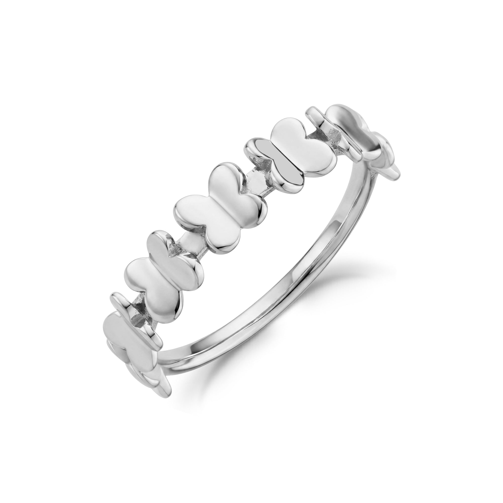 Silver stainless steel butterfly semi eternity ring, angled view showing 7 sculpted butterfly links