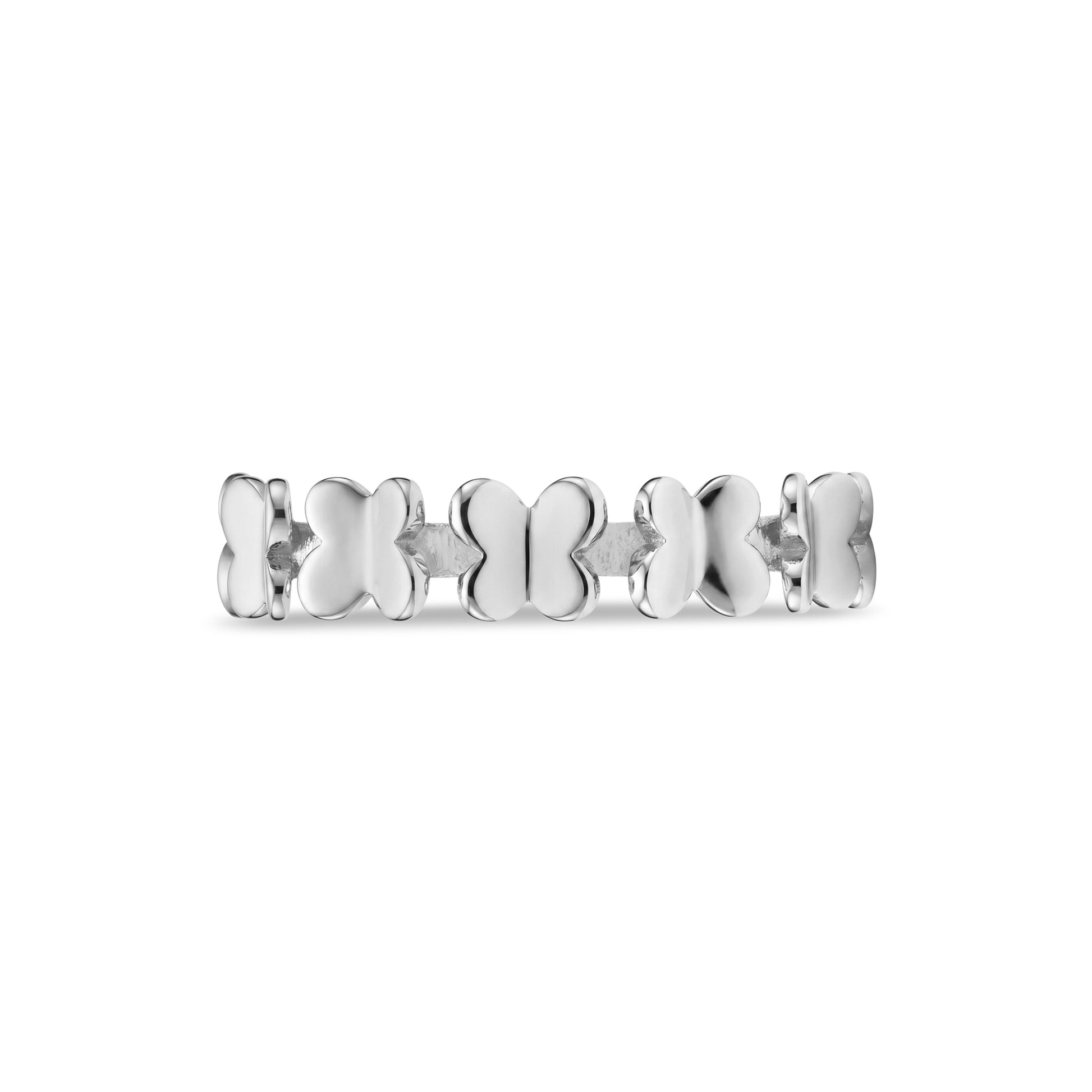 Silver stainless steel butterfly semi eternity ring, straight-on view of the butterfly band