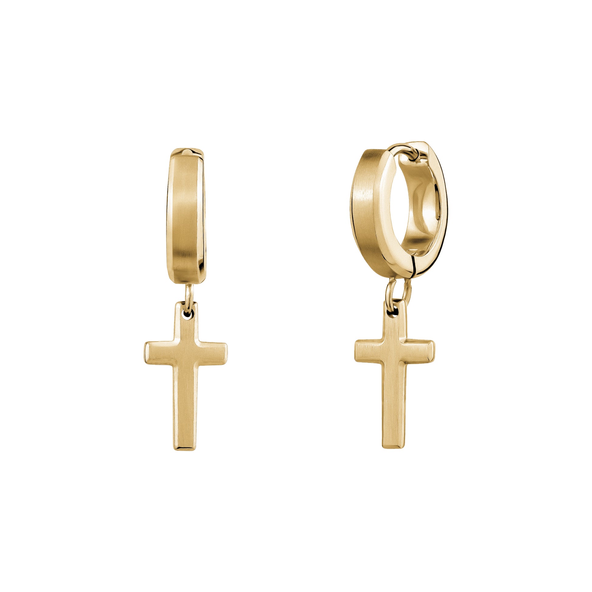 Beveled Edge Hanging Cross Huggie Earrings Stainless Steel – The