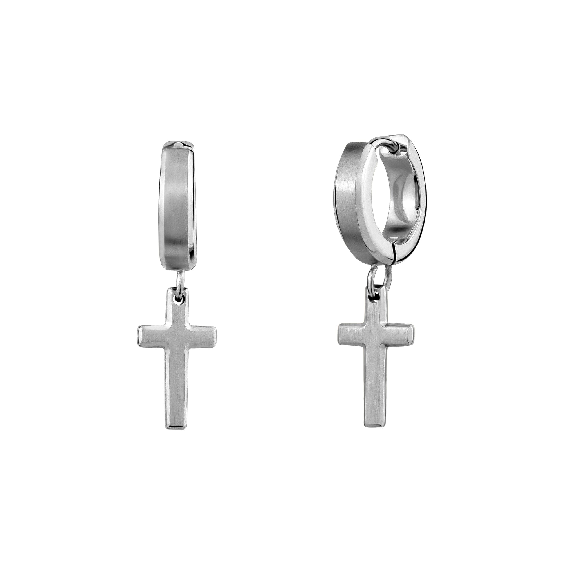Beveled Edge Hanging Cross Huggie Earrings Stainless Steel – The
