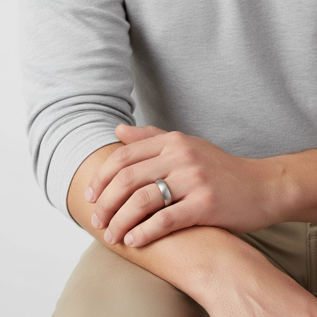 A man wearing a 5mm matte stainless steel ring on his left hand, captured in a studio environment with softbox lighting and a solid light gray background.