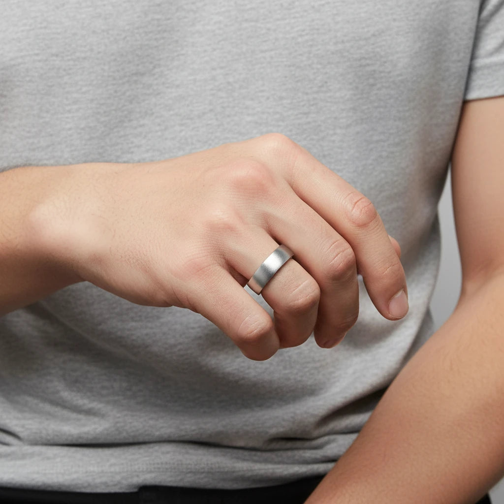 A 6mm stainless steel wedding band with a brushed finish is worn on the ring finger of an adult man, captured in a studio setting with softbox lighting.