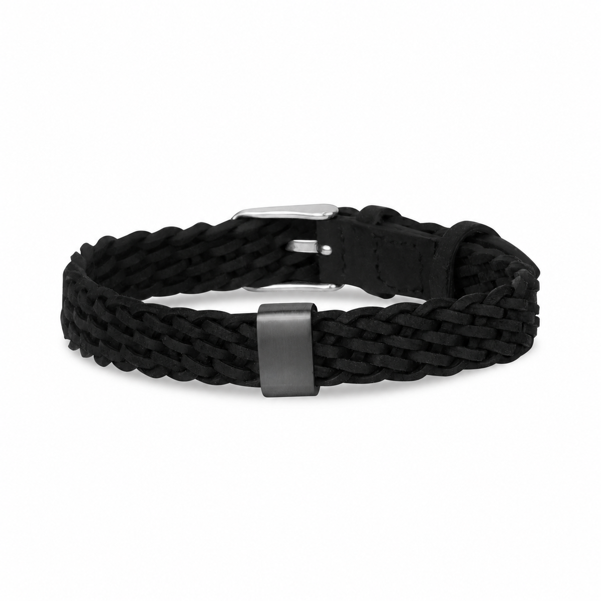 Gun metal stainless steel engravable charm on black braided leather bracelet for men