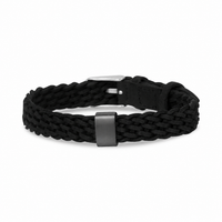 Gun metal stainless steel engravable charm on black braided leather bracelet for men