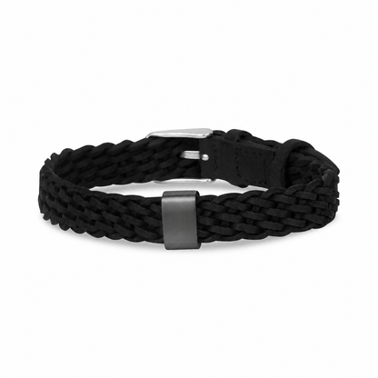 Gun metal stainless steel engravable charm on black braided leather bracelet for men
