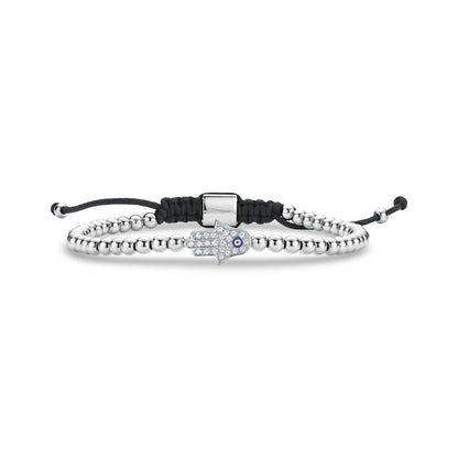 Silver stainless steel Hamsa hand bracelet with cubic zirconia stones and black adjustable cord