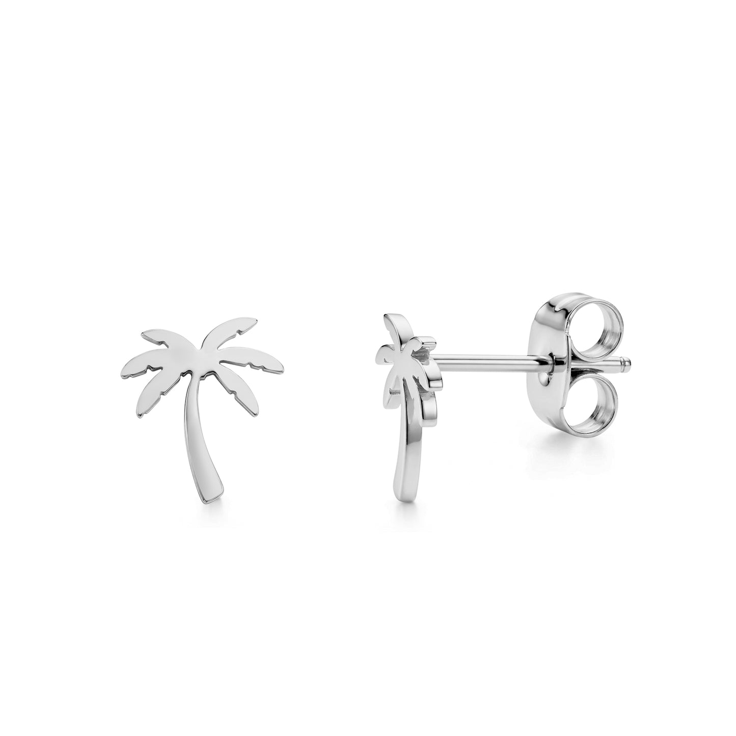 Silver minimal palm tree stud earrings showing front and side view