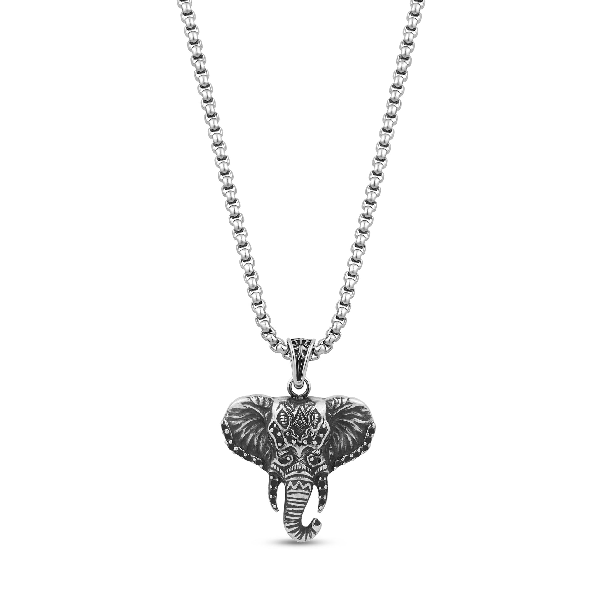 Front view of men's stainless steel elephant pendant necklace with black cubic zirconia stones on 22 inch box chain