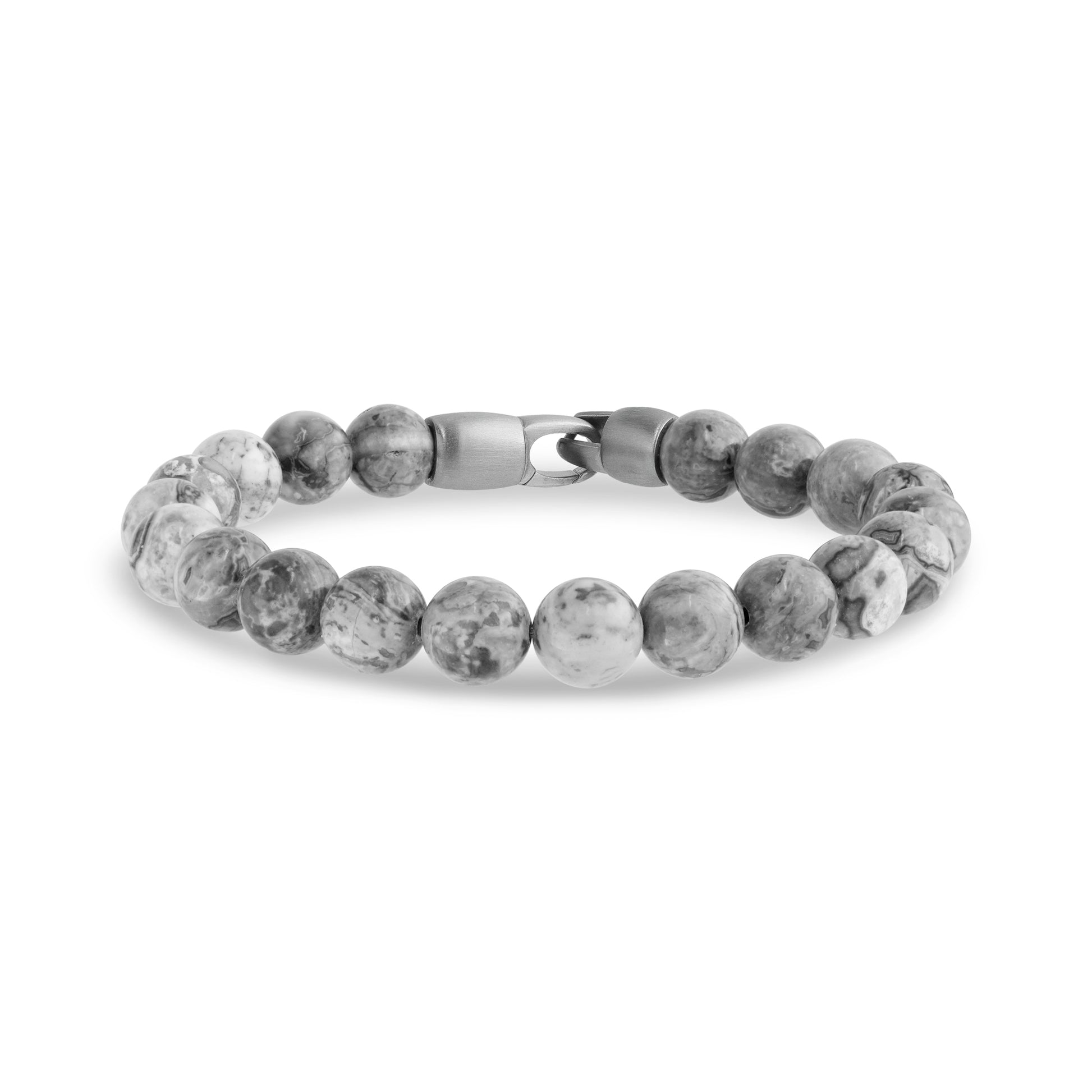 Grey map jasper stone bead bracelet with round 8mm beads and matte stainless steel clasp laid flat