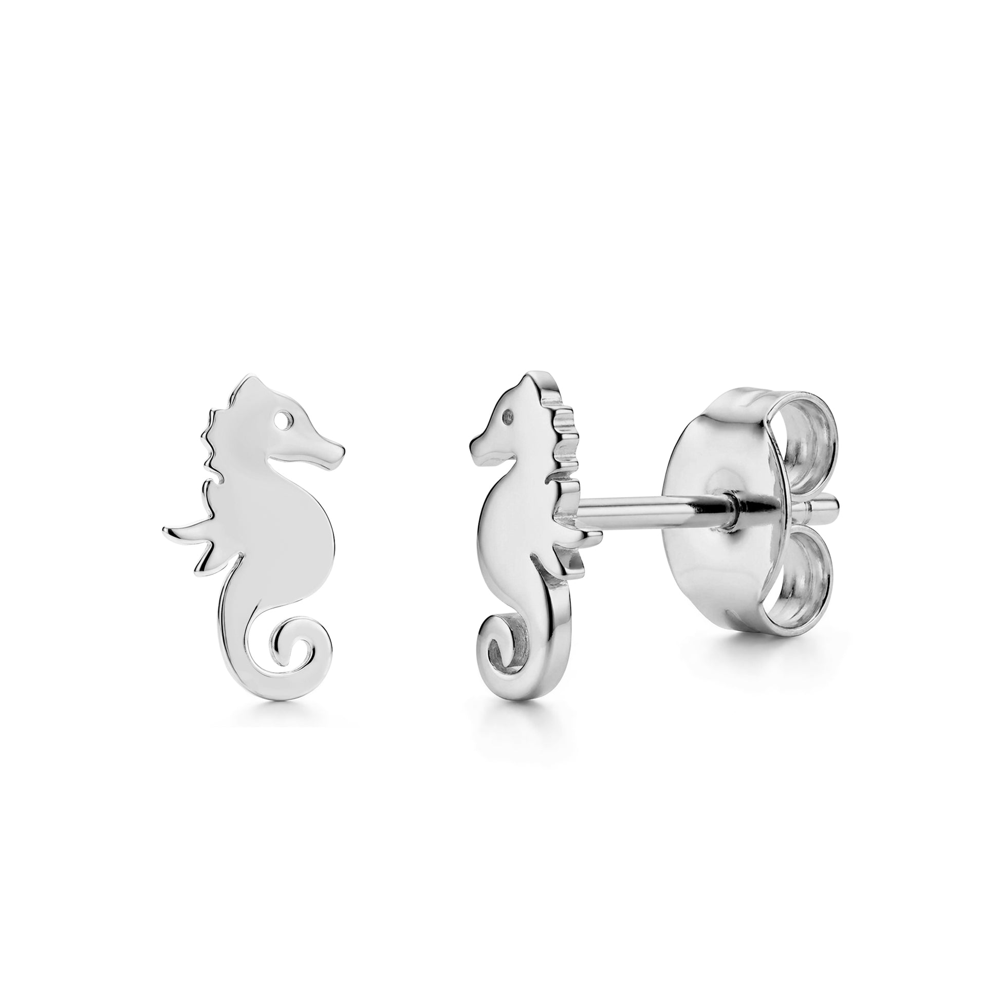 Silver stainless steel minimal seahorse stud earrings front and side view