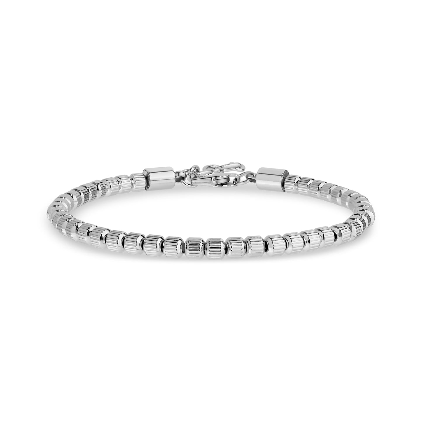 Silver stainless steel textured barrel bead bracelet with clasp