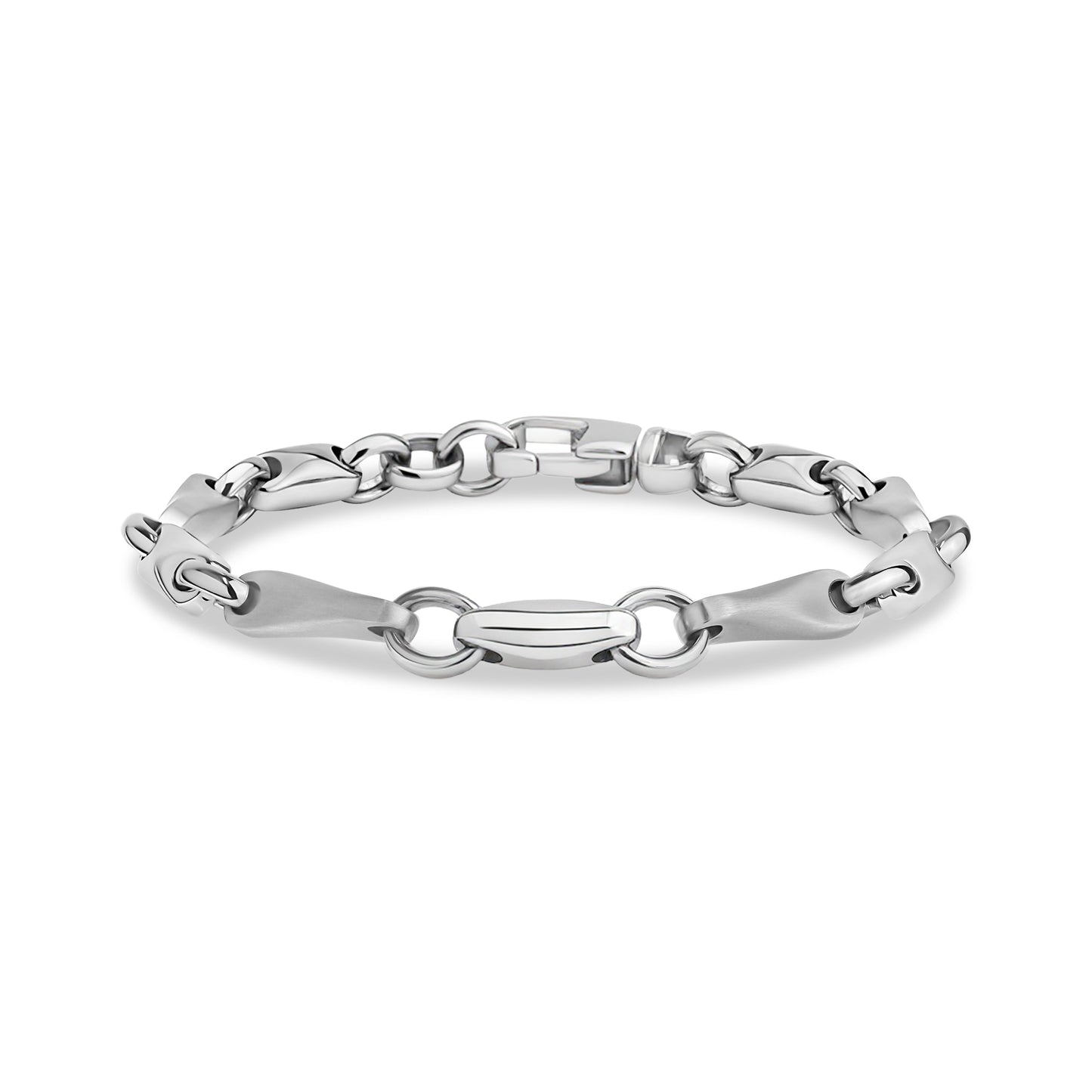 Titan Link Bracelet in polished stainless steel on white background, angled view