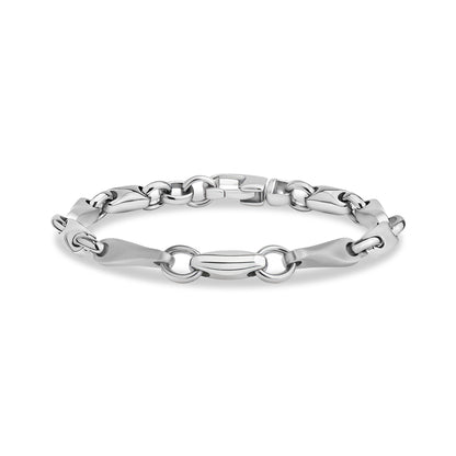 Titan Link Bracelet in polished stainless steel on white background, angled view