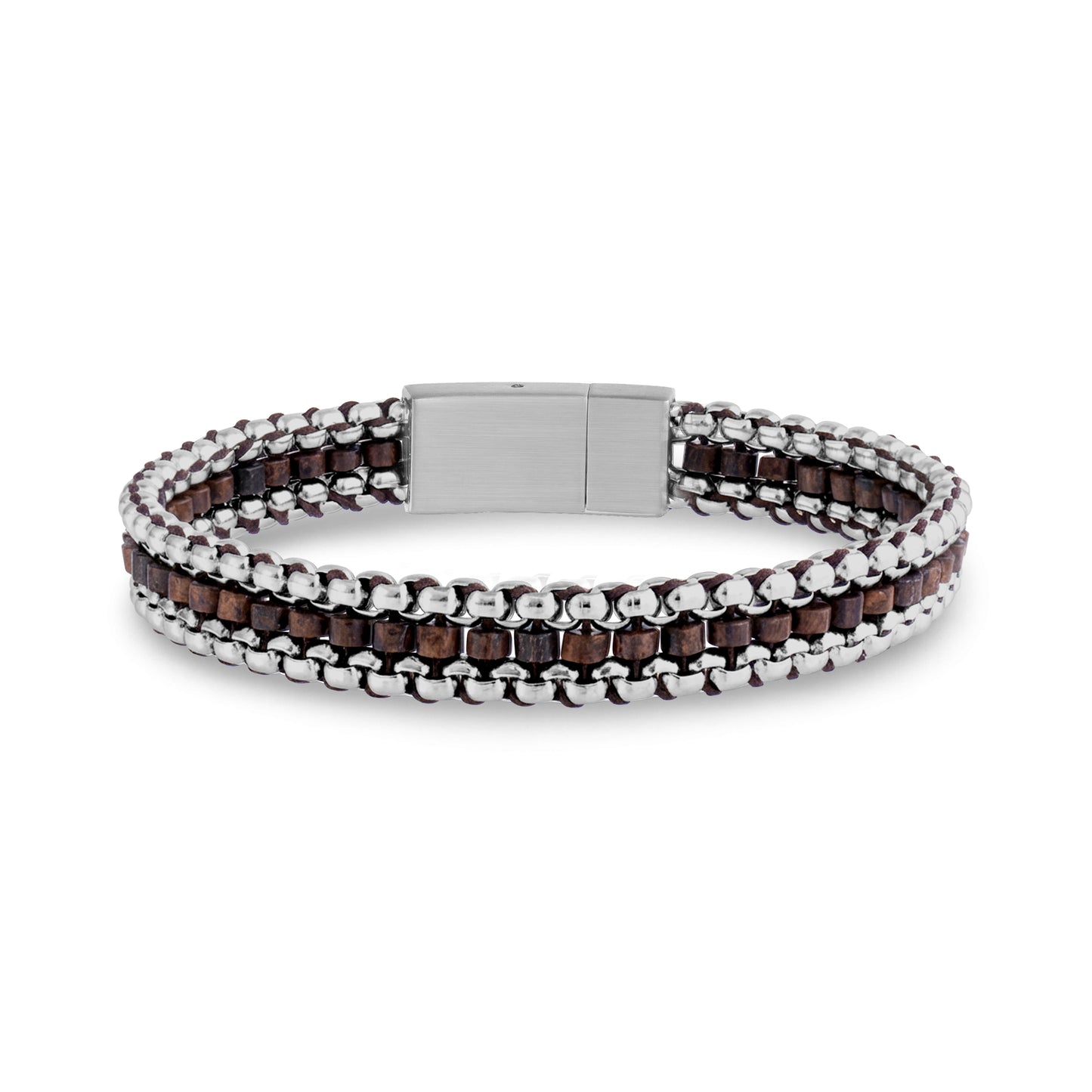 Front view of brown beaded bracelet with stainless steel chains and matte steel clasp
