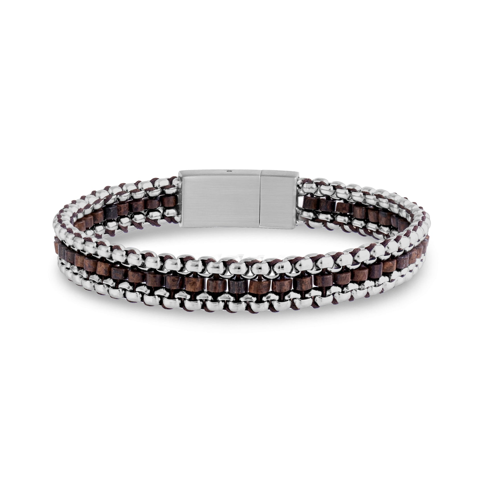 Front view of brown beaded bracelet with stainless steel chains and matte steel clasp