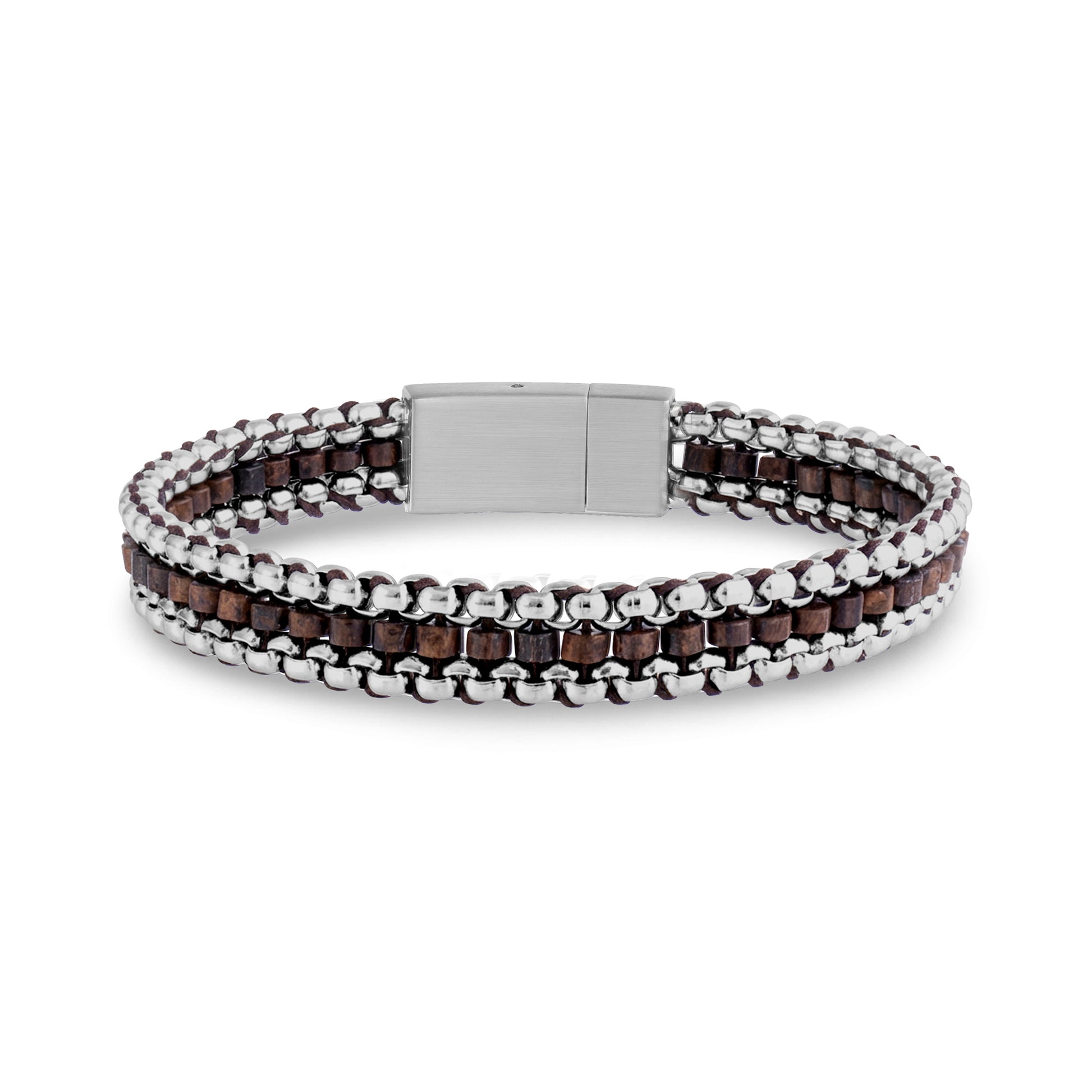 Front view of brown beaded bracelet with stainless steel chains and matte steel clasp
