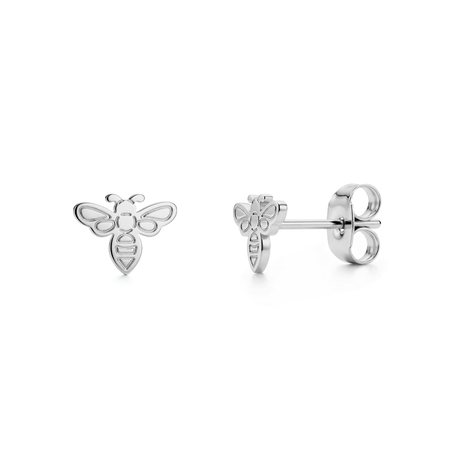 Silver minimal bee stud earrings front and side view