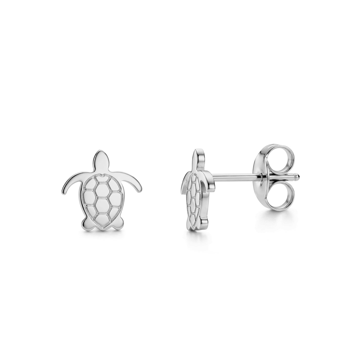 Minimal turtle stud earrings in polished silver stainless steel, front and side views