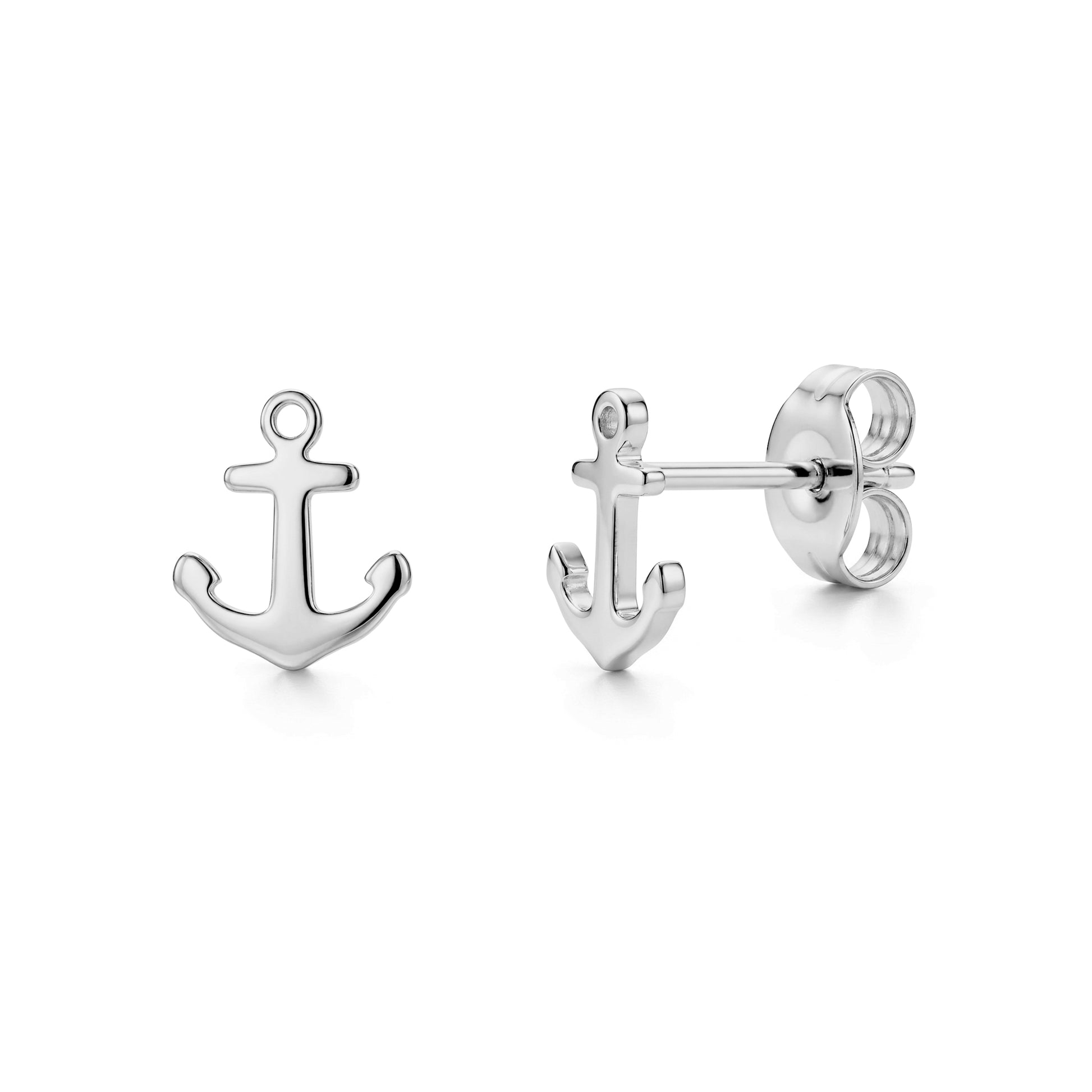 Silver stainless steel anchor-shaped stud earrings, 8mm wide, shown front and back view