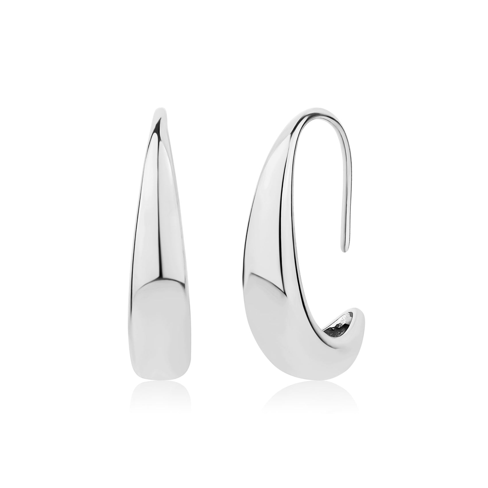 Silver sculpted teardrop hook earrings showing smooth polished finish and curved design