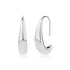 Silver sculpted teardrop hook earrings showing smooth polished finish and curved design