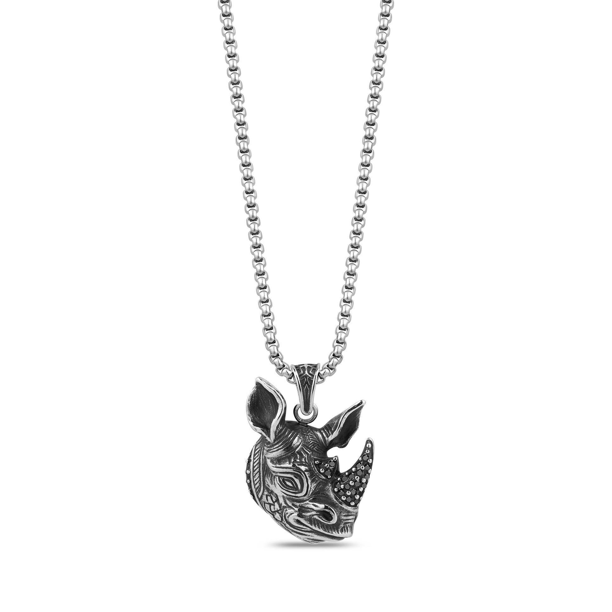 Front view of stainless steel rhino head pendant necklace set with black cubic zirconia on the horn
