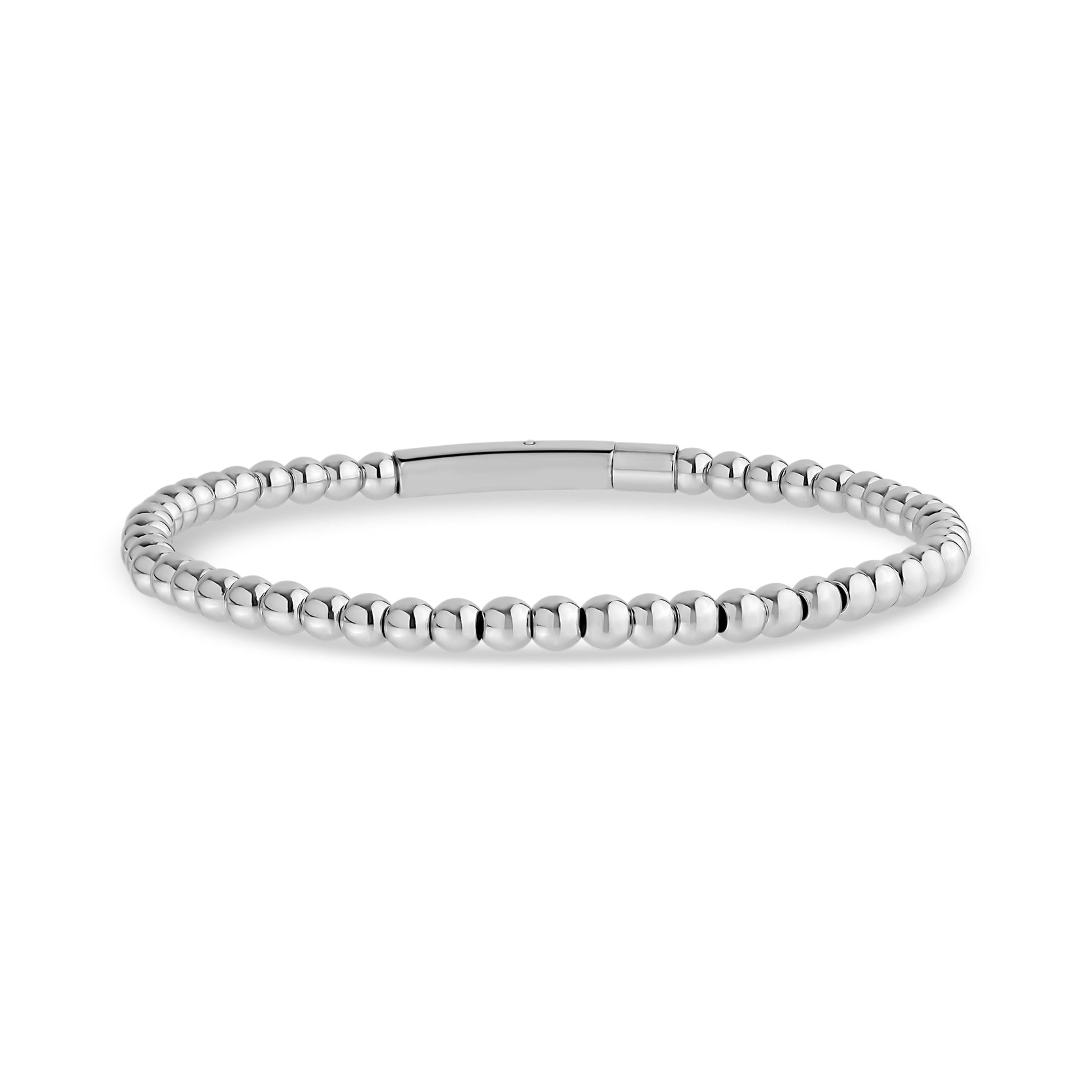 Unisex stainless steel beaded bracelet with polished 4mm beads and smooth clasp on white background