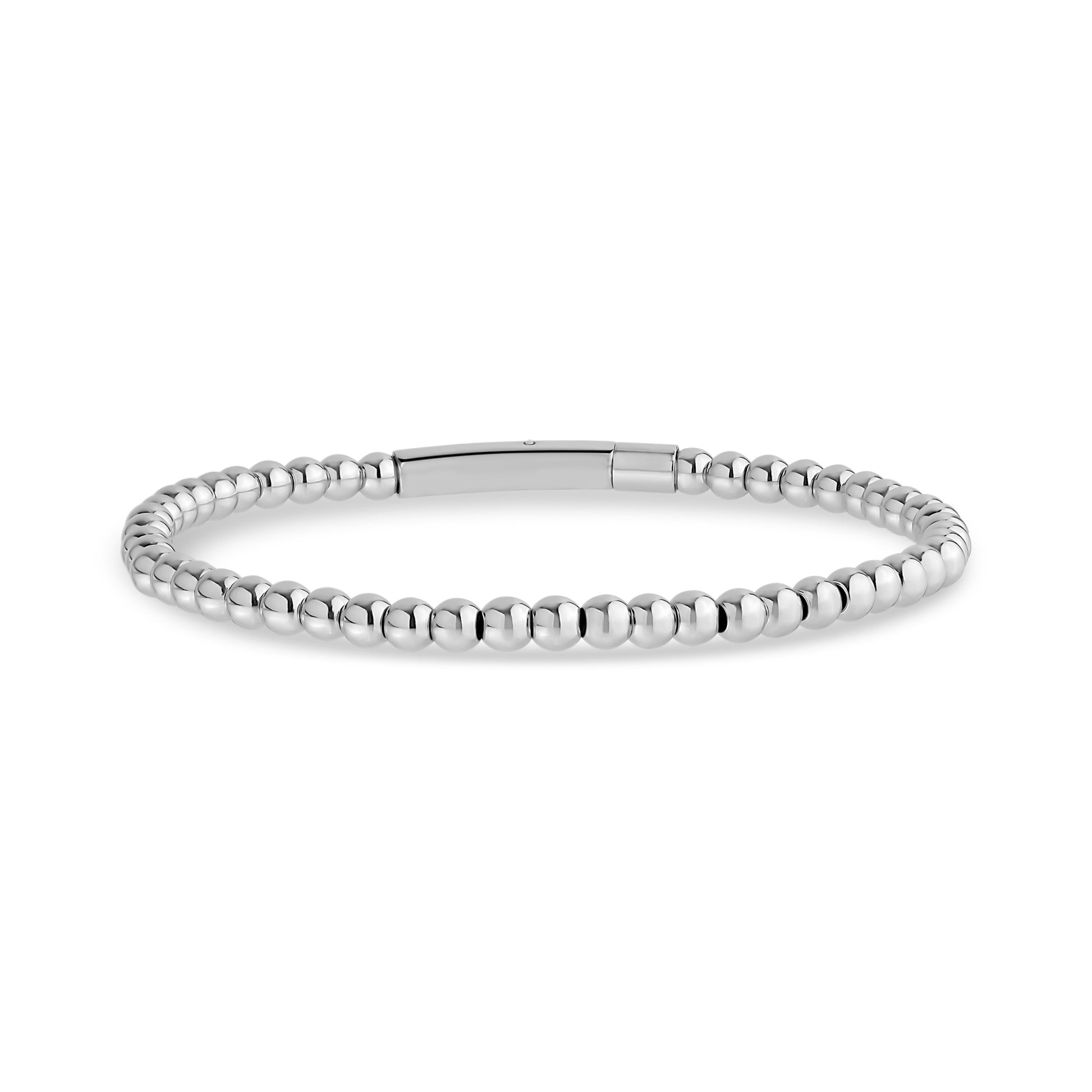 Unisex stainless steel beaded bracelet with polished 4mm beads and smooth clasp on white background