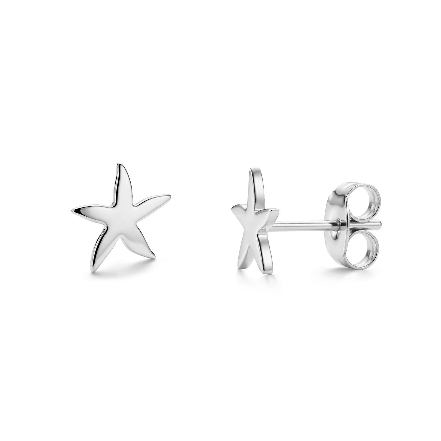 Silver starfish stud earrings made of polished stainless steel, showing front and side views.