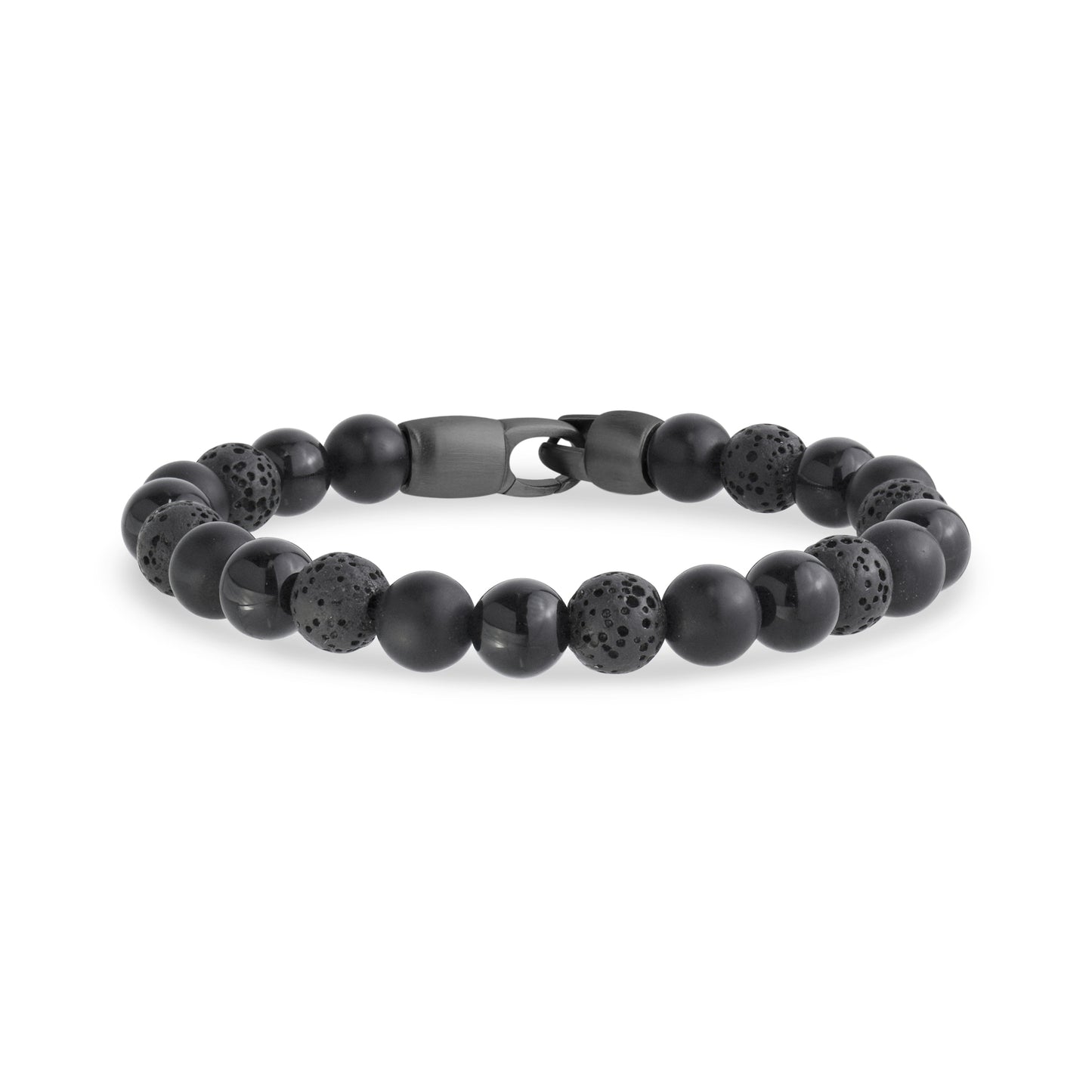 Close-up view of black matte and shiny onyx bead bracelet with matte gunmetal steel clasp
