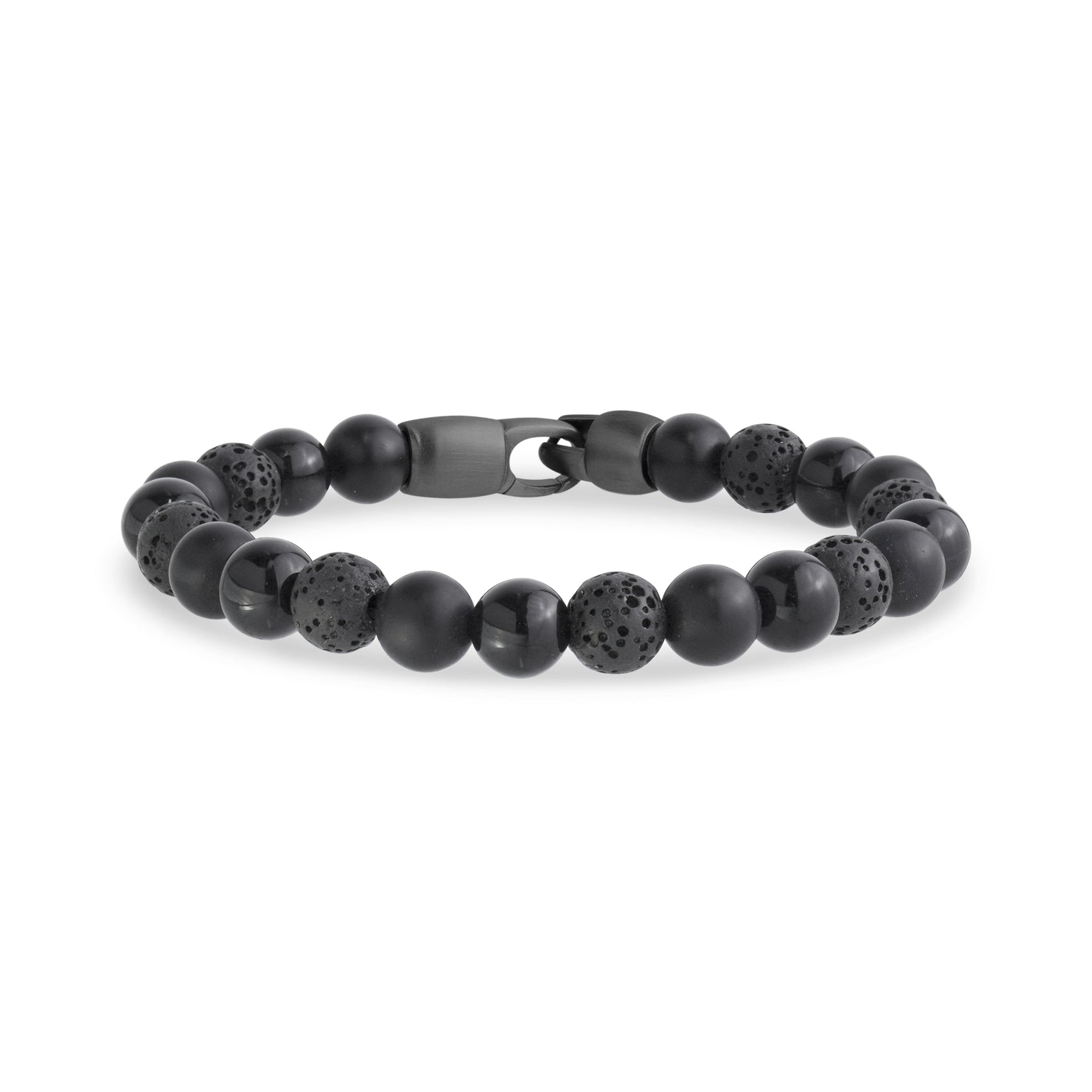 Close-up view of black matte and shiny onyx bead bracelet with matte gunmetal steel clasp