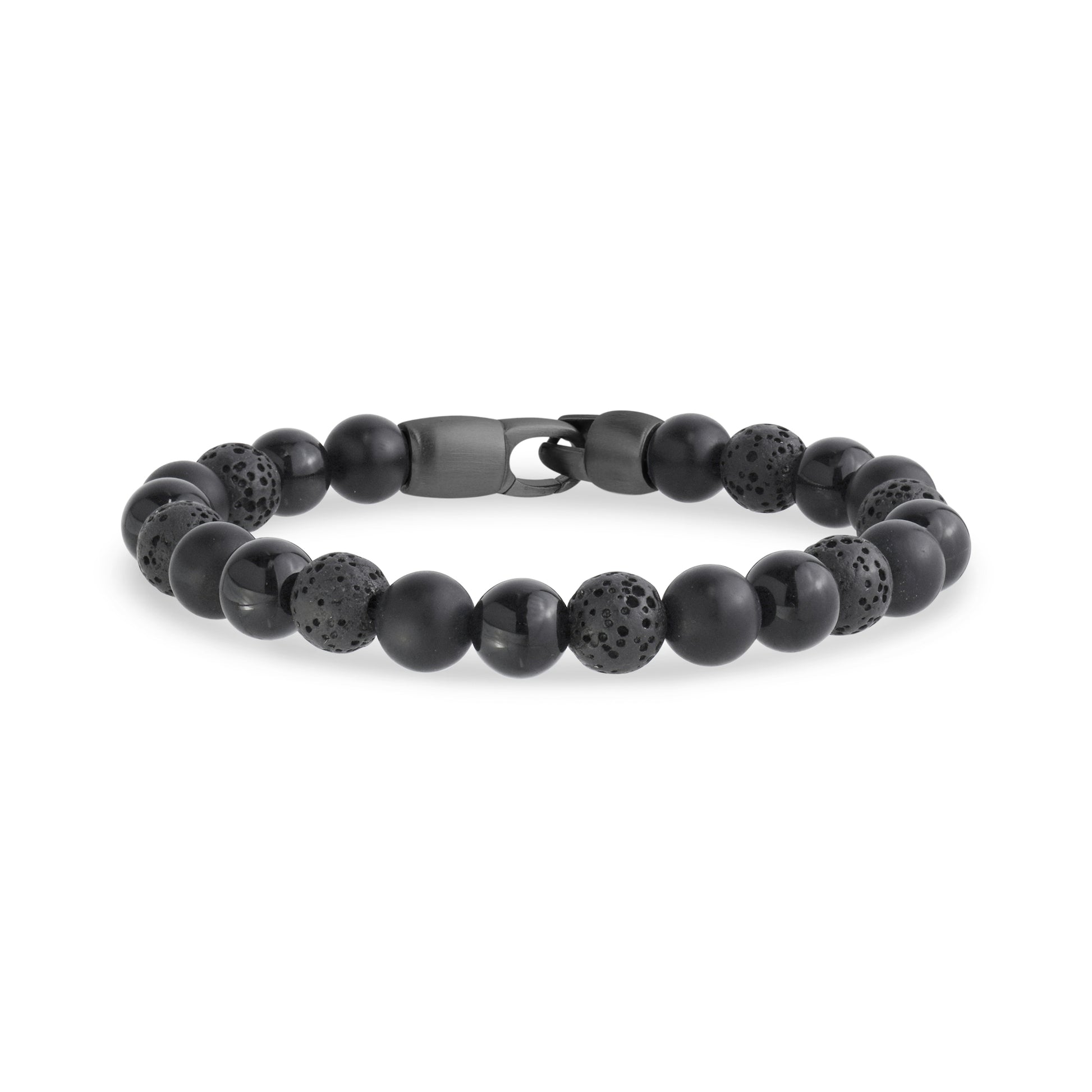 Close-up view of black matte and shiny onyx bead bracelet with matte gunmetal steel clasp