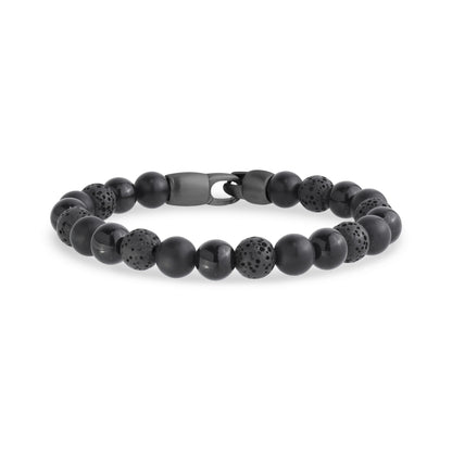 Close-up view of black matte and shiny onyx bead bracelet with matte gunmetal steel clasp