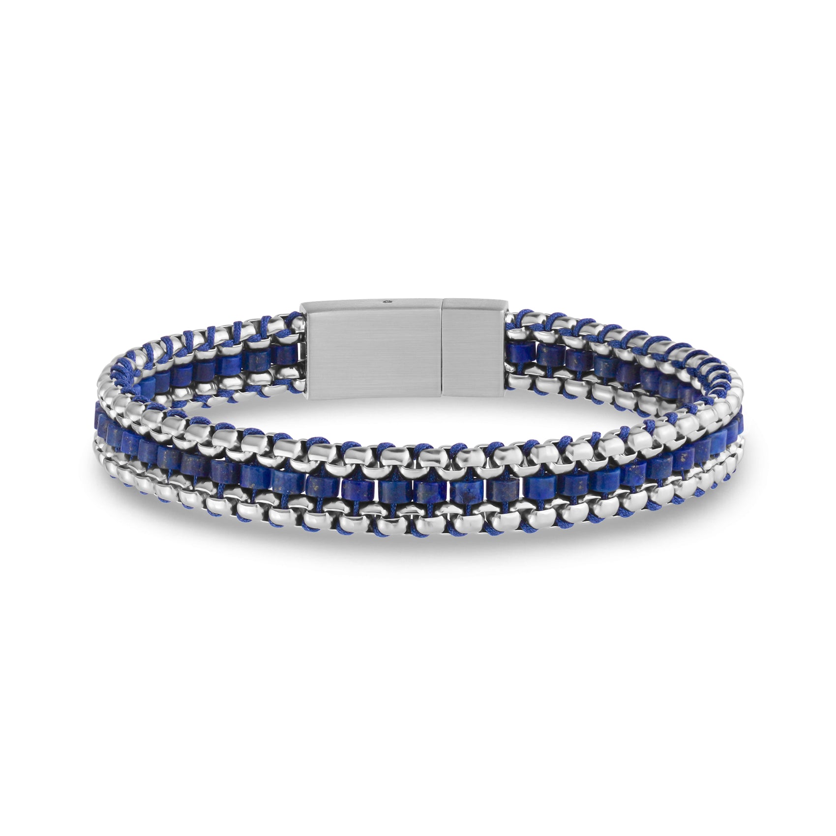 Lapis lazuli and stainless steel bracelet with round box link and matte steel clasp