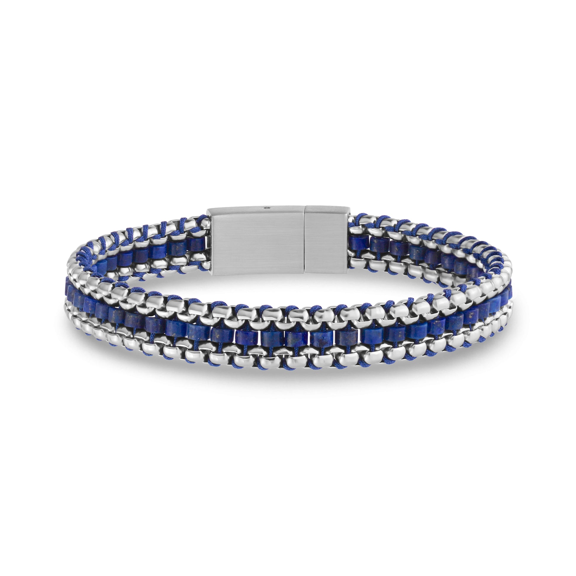 Lapis lazuli and stainless steel bracelet with round box link and matte steel clasp