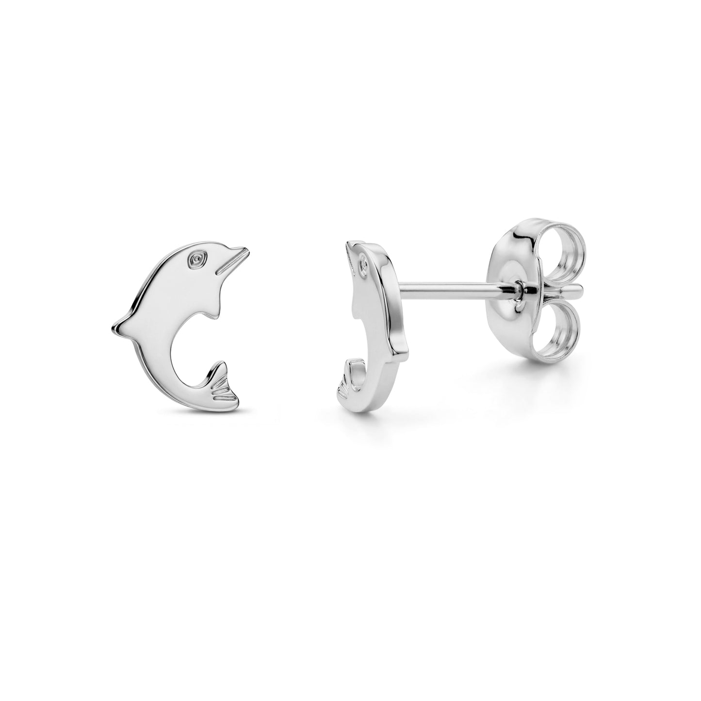 Silver stainless steel minimal dolphin stud earring front and side view