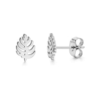 Silver minimal leaf stud earrings front and side view
