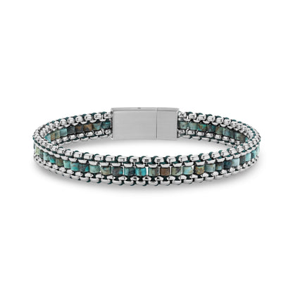 Close-up view of African turquoise bracelet with matte steel clasp front
