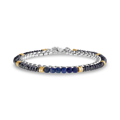 Double row round box stainless steel bracelet with faceted black hematite beads, blue lapis lazuli stones, and gold accent rings