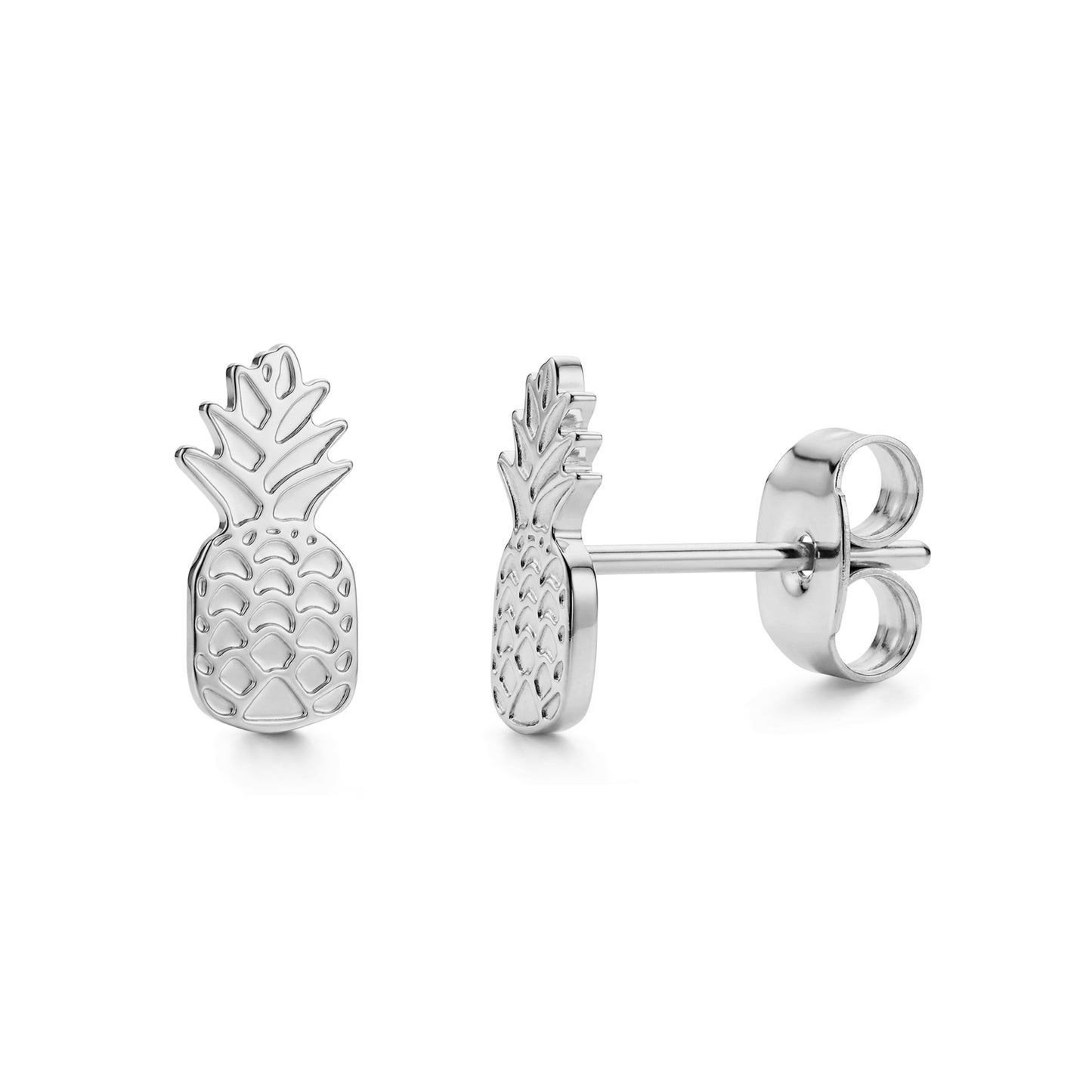 Silver stainless steel pineapple stud earrings front and side view