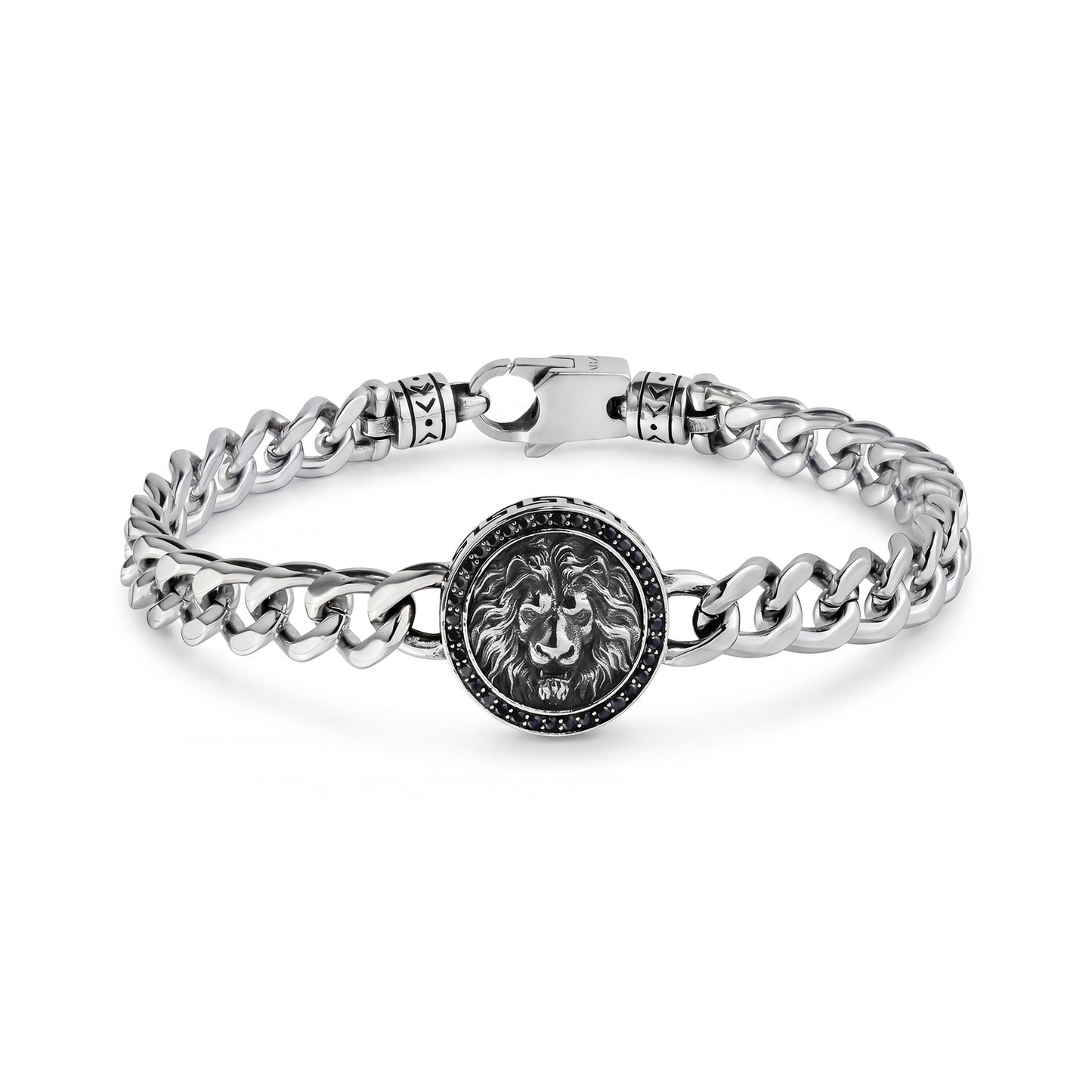 Men's stainless steel lion bracelet with 8mm curb links and detailed lion centerpiece surrounded by black cubic zirconia stones