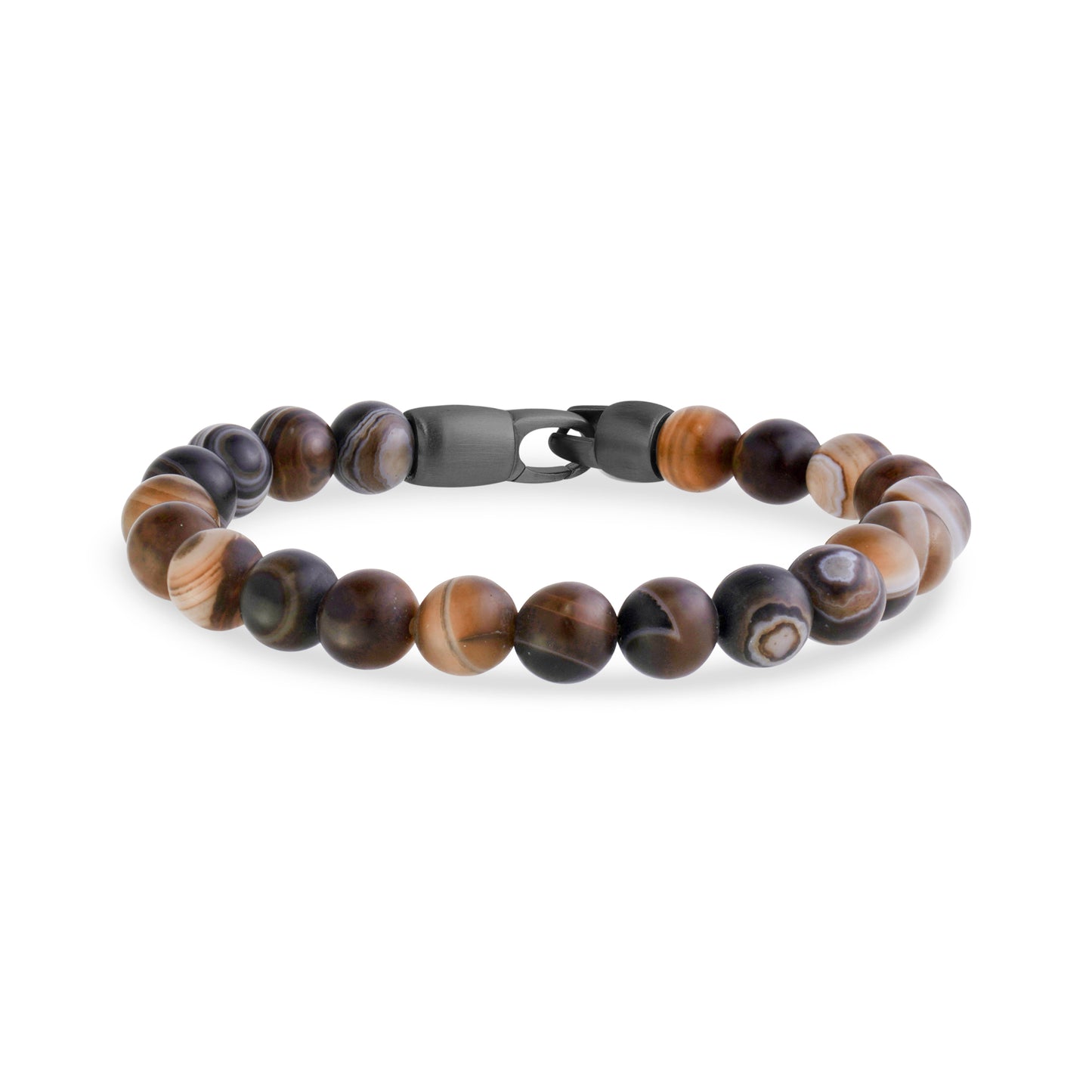 Sardonyx beaded bracelet with matte gunmetal steel clasp displayed on white background